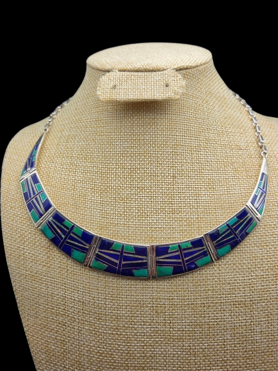 Jewelry - Sterling Silver Inlay Collar Necklace in Blue and Green